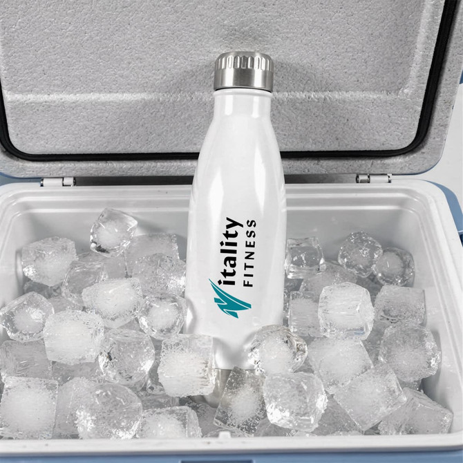 A drink bottle in white with a silver cap, nestled among ice cubes in a cooler, featuring a logo.