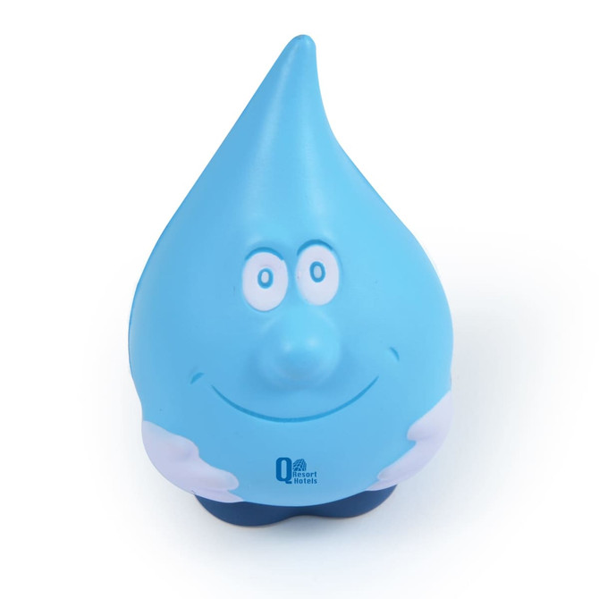 A blue water drop stress reliever with a smiling face and cartoonish features. It has a logo on the base.