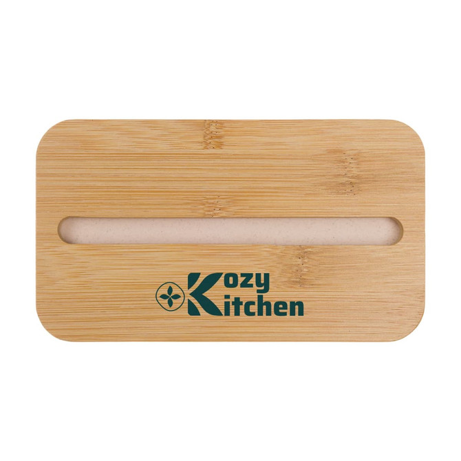 A bamboo lunch box lid with a phone holder slot and branding.