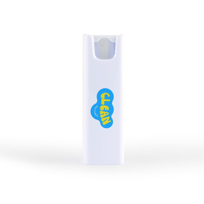 A white spray bottle with a colourful logo, designed for cleaning screens and compatible with phone and technology surfaces.