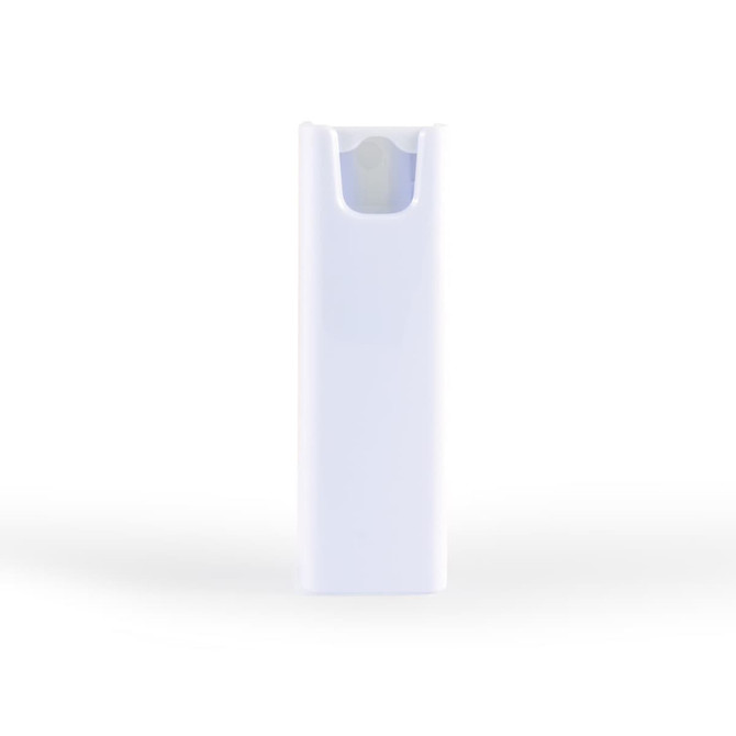 A white spray bottle designed for cleaning screens, featuring a rounded top and with branding visible.
