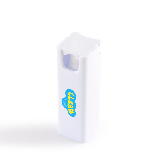 A white spray bottle with a blue and yellow logo, designed for cleaning screens.