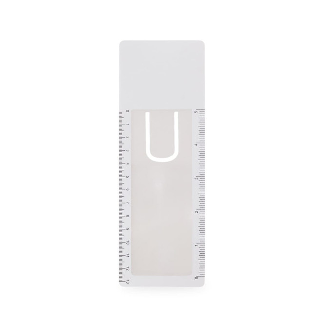 A white bookmark magnifier ruler featuring a clear central magnifying section and ruler markings on the edges.