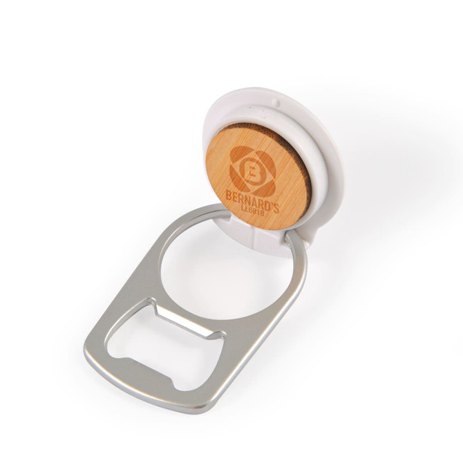 A drink bottle opener with a bamboo top and a silver metal opener, featuring a logo on the wooden section.