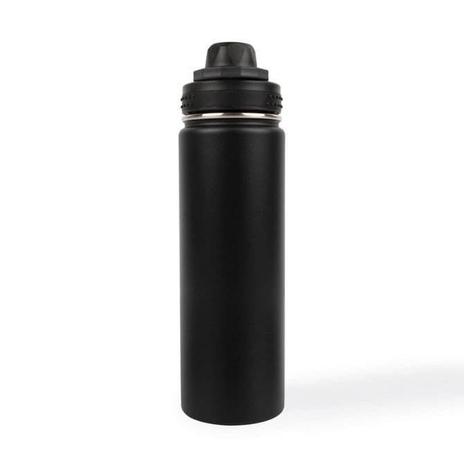 A drink bottle in black stainless steel with a screw-on lid and a logo on the front.
