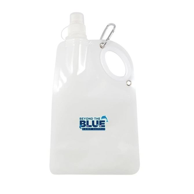 A drink bottle in clear plastic, featuring a handle, spout, and a logo. It's lightweight and collapsible for easy storage.