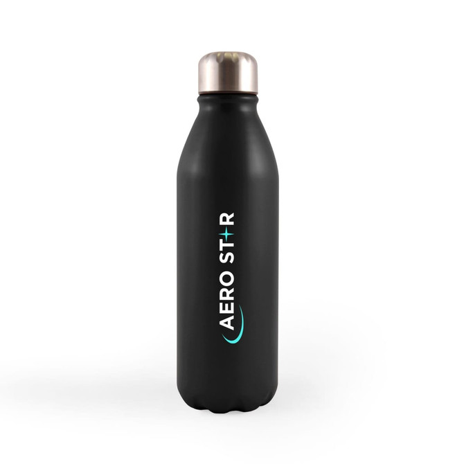 A drink bottle in matte black with a metallic cap and featuring a branding logo.