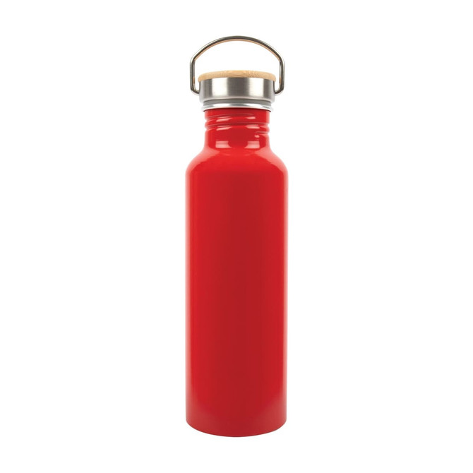 A drink bottle made from recycled aluminum, featuring a vibrant red finish and a cork lid with a metal handle.