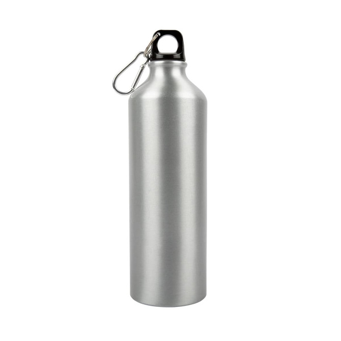 A drink bottle made of aluminum with a sleek silver finish and a black cap featuring a carabiner.