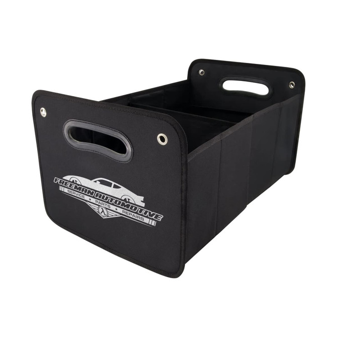 A black cargo storage organiser with handles and multiple compartments. It features a logo on the side.