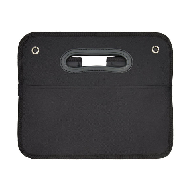 A black cargo storage organiser with a handle and a front pocket, featuring metal eyelets.