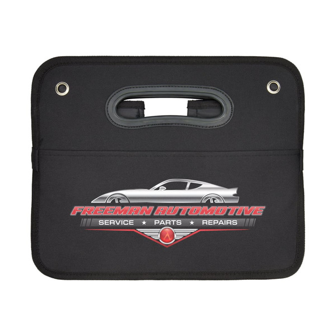 A black storage organiser with a handle and a logo featuring a car design. Ideal for office or business use.