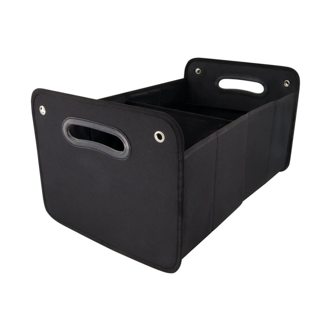 A black cargo storage organiser with two handles and multiple compartments for efficient storage.