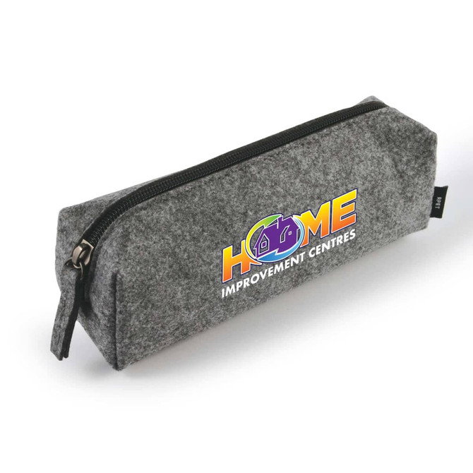 A gray felt utility case with a zipper and a logo on the side.