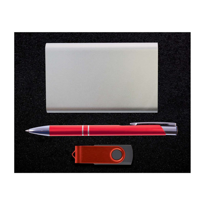 A power bank, a silver card holder, a red pen, and a USB flash drive are displayed in the Quay Gift Set.