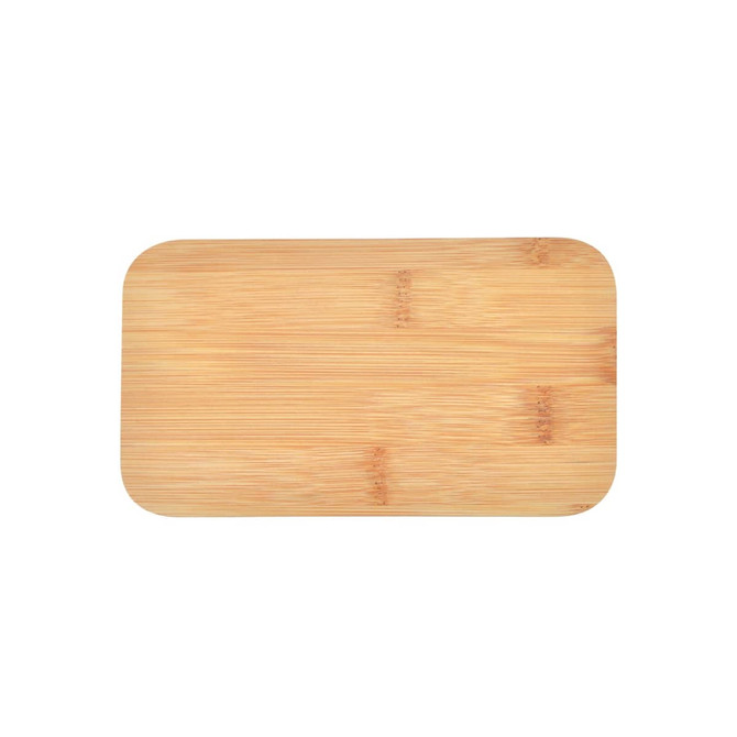 A rectangular bamboo cutting board with a smooth surface and rounded edges, featuring a natural wood grain pattern.