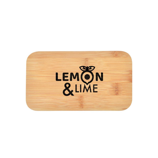 A bamboo cutting board featuring a logo with the words "Lemon & Lime" in black text. The board has a rectangular shape.