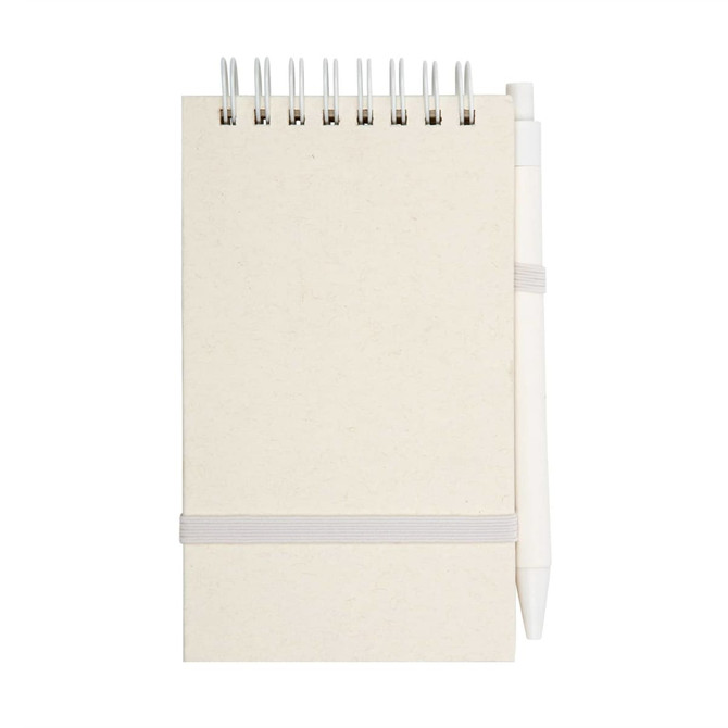 A notepad with a white pen attached, featuring a spiral binding and an elastic band for closure.
