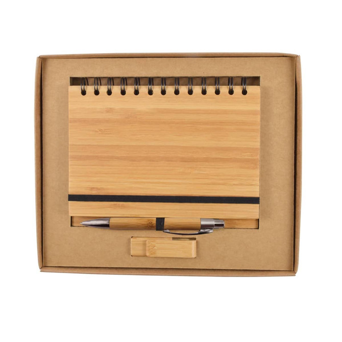 A bamboo notebook and silver pen set displayed in a kraft gift box with a black elastic band.