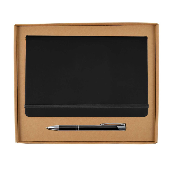 A cardboard gift set featuring a black notebook and a silver pen, packaged neatly in a brown box.
