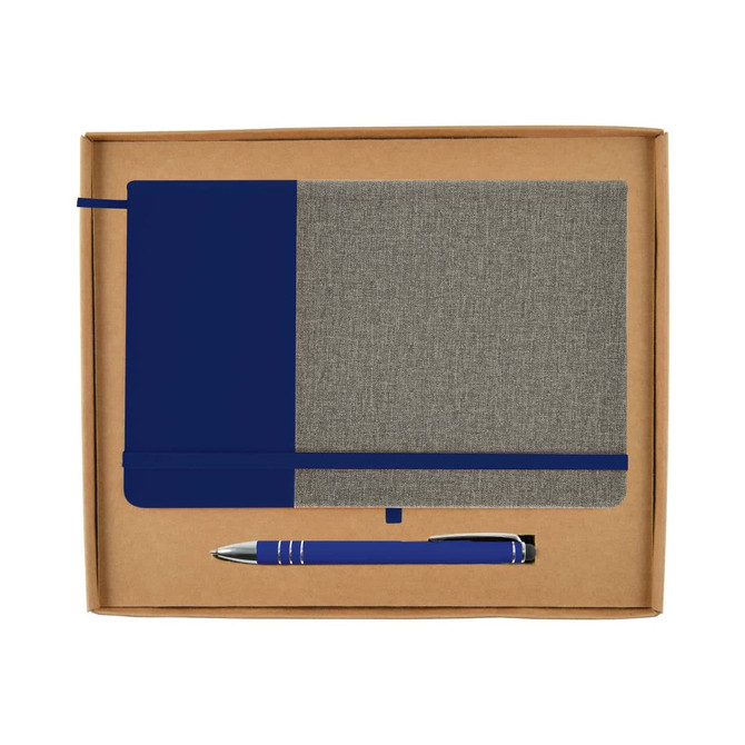 A navy and gray notebook paired with a silver pen, presented in a kraft gift box.