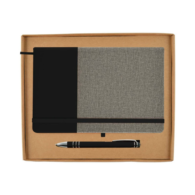 A gift set featuring a grey and black notebook and a black pen, packaged in a simple cardboard box.