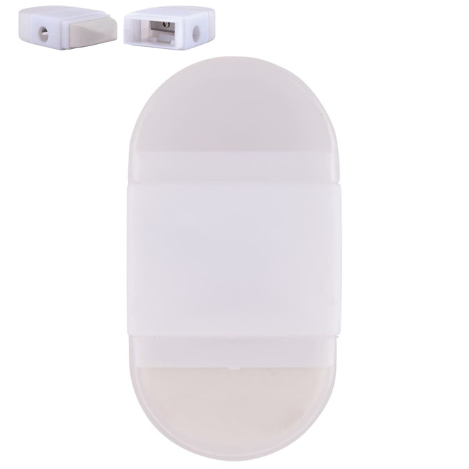 A white 2-in-1 pencil sharpener and eraser with a smooth, rounded design and a logo on the surface.