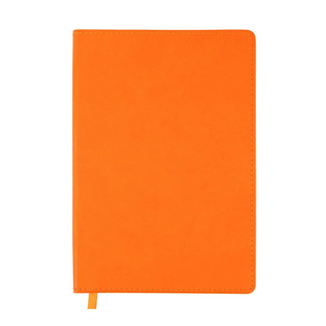 An orange Genesis A5 Notebook featuring a textured cover and a ribbon bookmark.