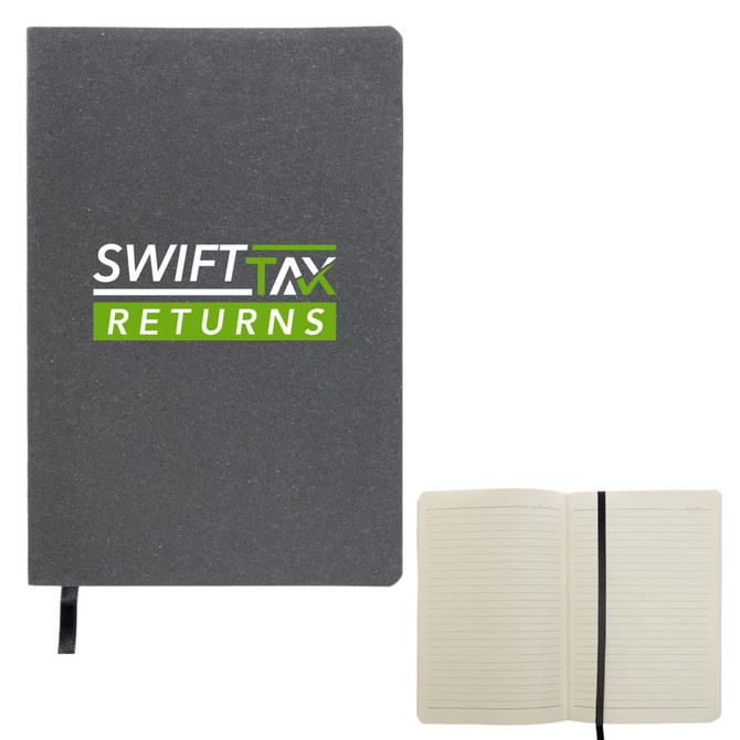 A gray recycled leather notebook with a logo on the cover and lined pages inside. It features a ribbon bookmark.