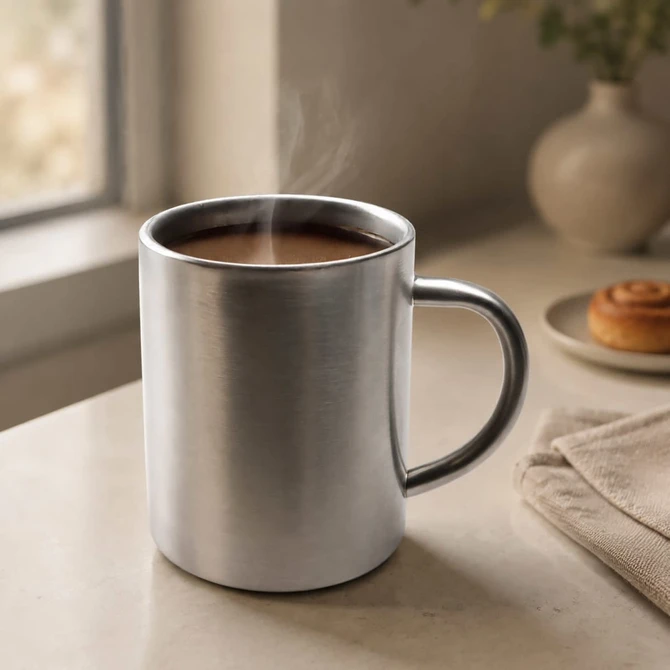 A stainless steel coffee mug with steam rising from the hot beverage inside, placed on a countertop.