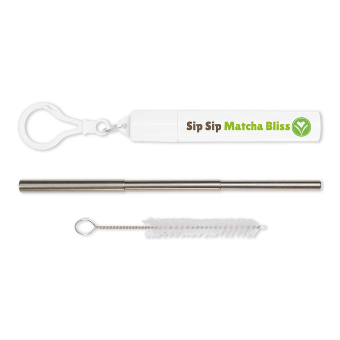 A drink bottle accessory featuring a silver telescopic straw, a cleaning brush, and a white carrying case with a logo.