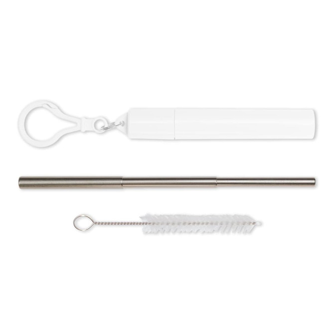 A drink bottle accessory featuring a white telescopic straw, with a cleaning brush and keychain holder.