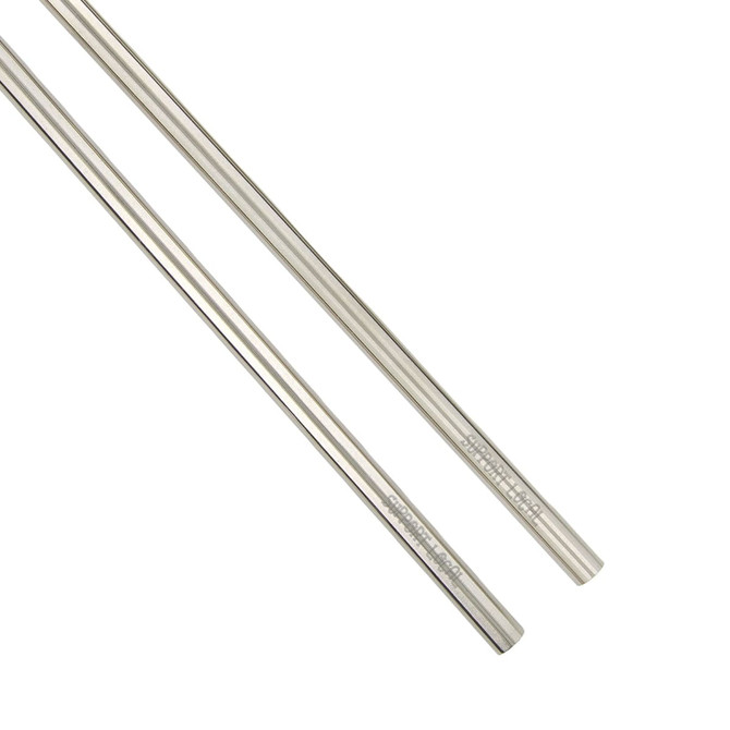 A drink bottle features a set of stainless steel straws, showcasing a sleek silver finish. It includes a branding logo.