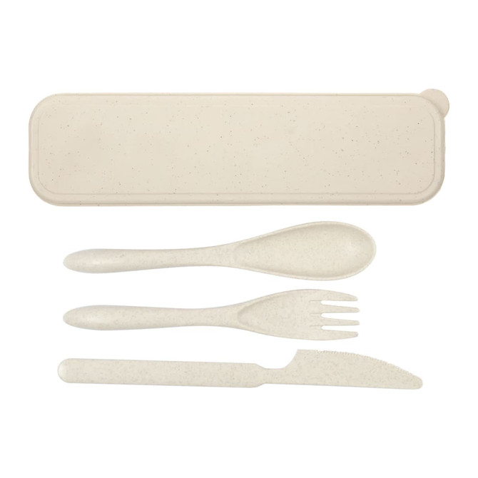 A cream-coloured eco cutlery set featuring a spoon, fork, knife, and carrying case. Includes a brand logo.