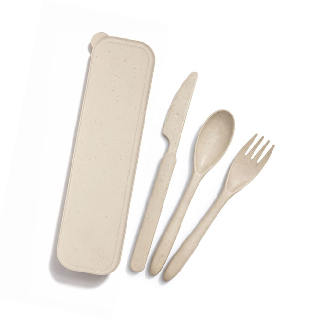 A beige eco cutlery set including a fork, knife, spoon, and a matching storage case.