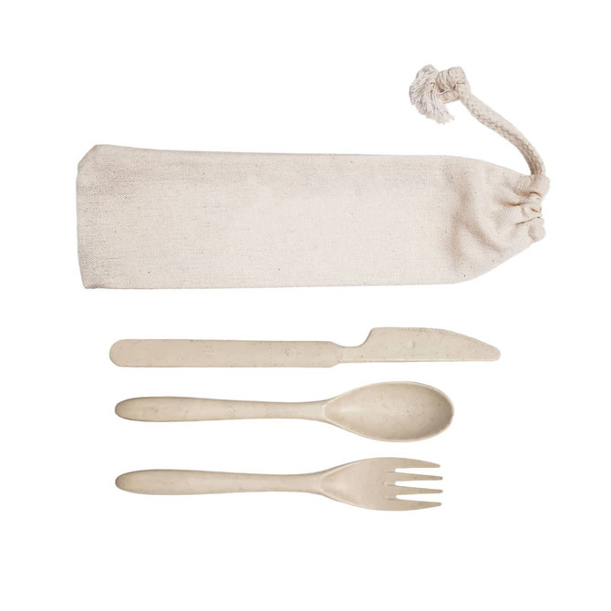 A calico pouch containing a knife, spoon, and fork, all in a natural, eco-friendly colour.
