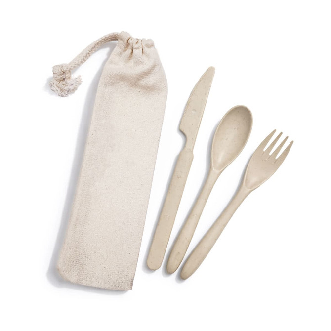 A cutlery set in a calico pouch, featuring a spoon, fork, and knife in a natural colour.