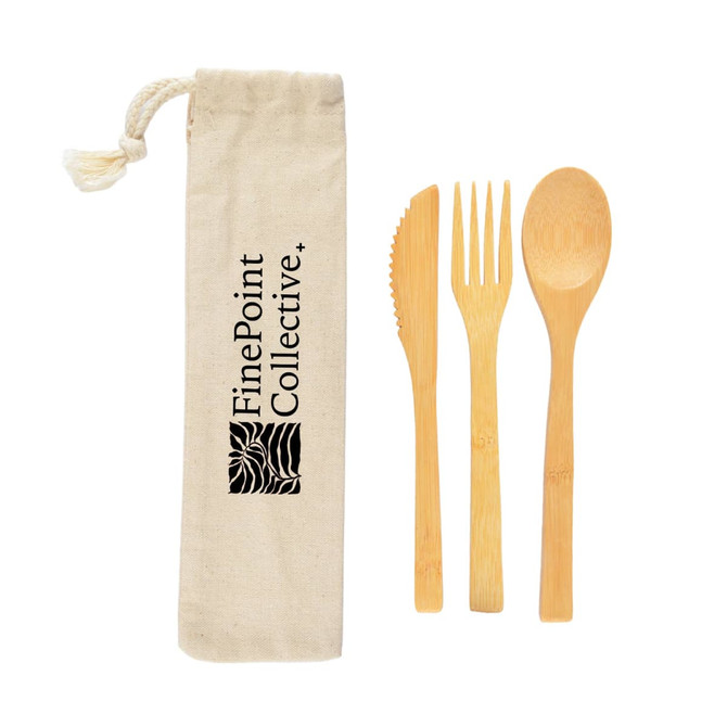 A bamboo cutlery set in a calico pouch, featuring a knife, fork, and spoon. The pouch has a logo.