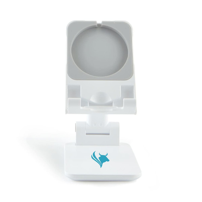 A white phone stand with a circular holder and a logo. The base is square-shaped and designed for stability.