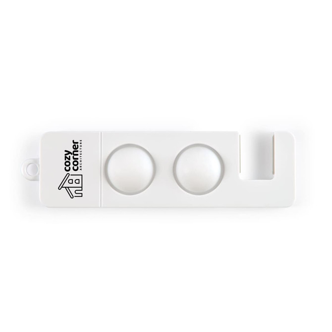 A white phone stand with two circular mounts and a hook, featuring a logo.