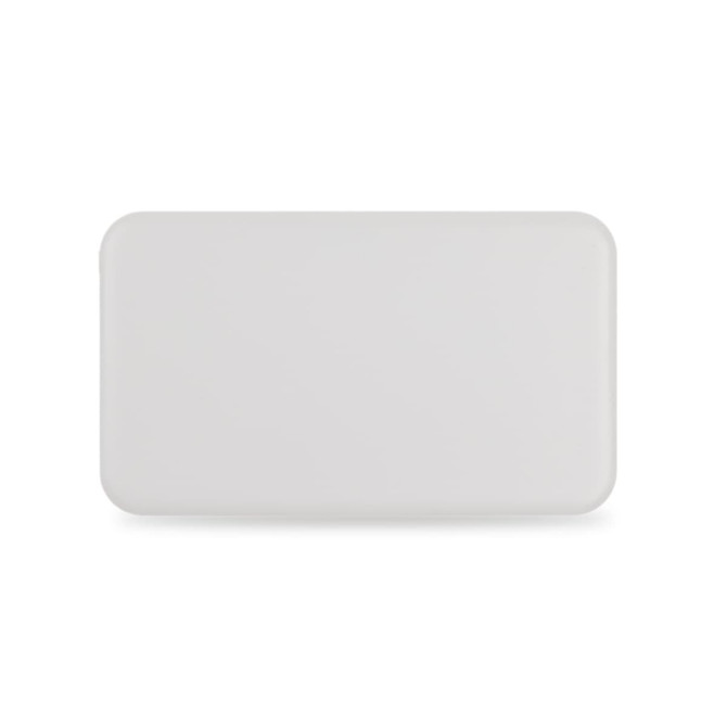 A rectangular white wireless power bank featuring a logo. Ideal for charging devices on the go.