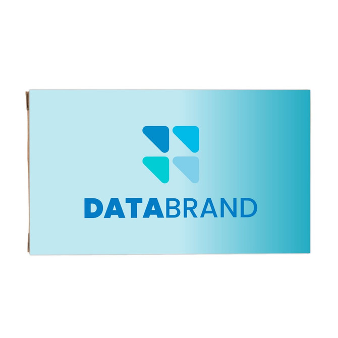 A promotional power bank in a blue gradient with a logo. The design is sleek and modern.