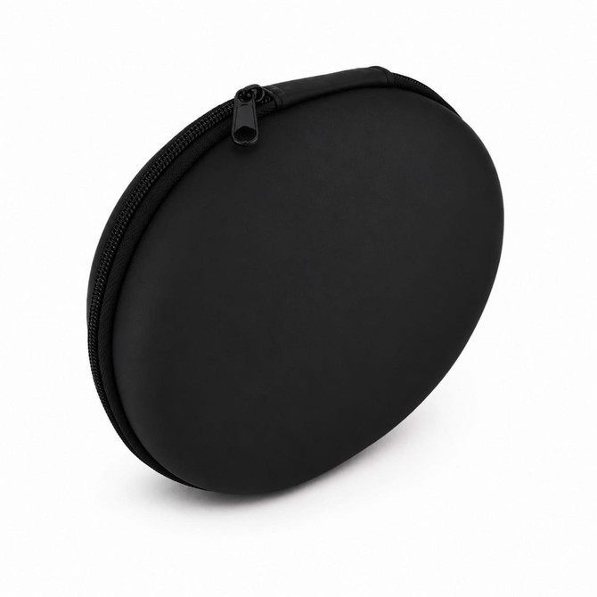 A round black zippered case designed to hold headphones, featuring a smooth exterior.