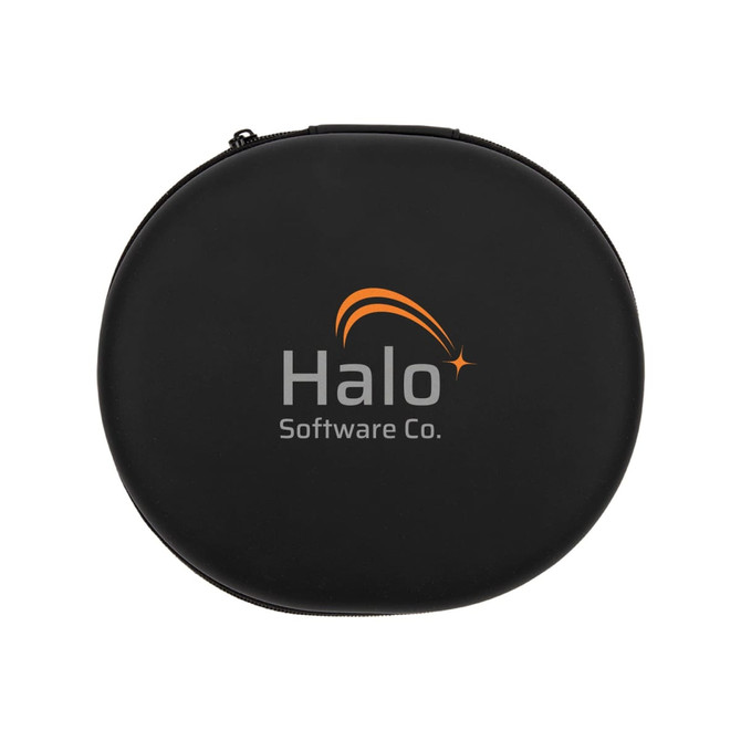 A round black case with a logo featuring "Halo Software Co." in orange and grey, designed for headphones.