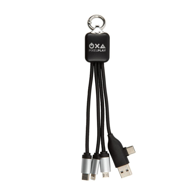 A Kinetic Square Glow Cable with multiple attachments in black, featuring a logo and a keychain loop.