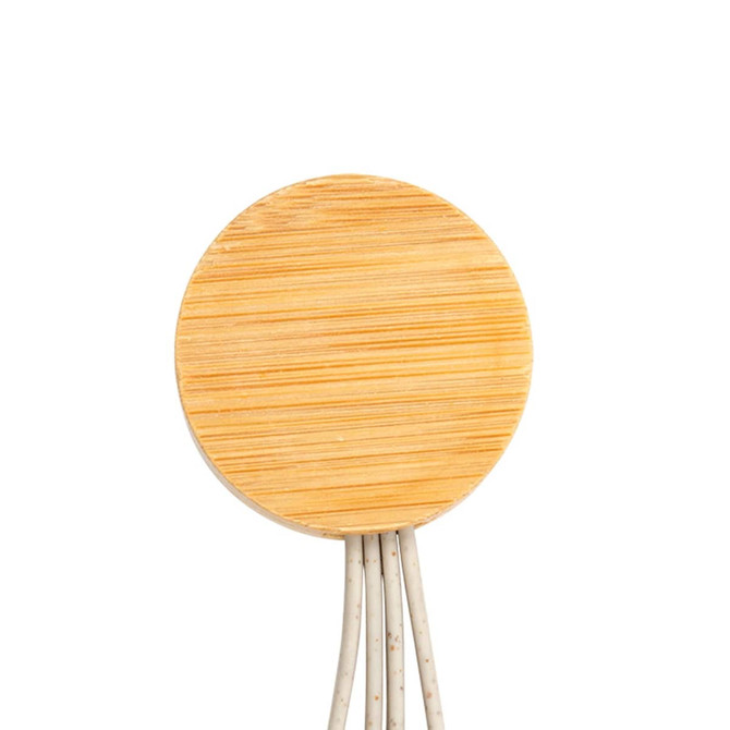 A round bamboo charging cable in a natural wood finish, featuring multiple charging connectors.
