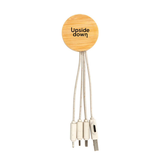 A round bamboo charging cable with multiple connectors. It features a logo and has grey and white cables.
