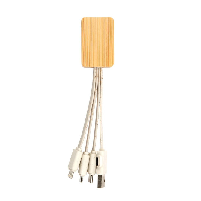 A bamboo charging cable with multiple connectors in white, featuring a rectangular bamboo casing.