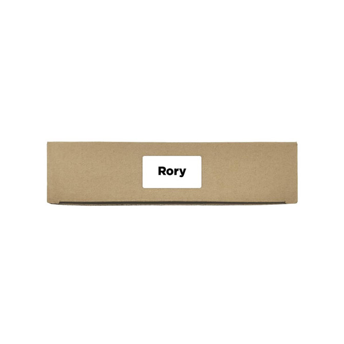 A brown cardboard box with a label on the front. The box is closed and unmarked aside from the label.