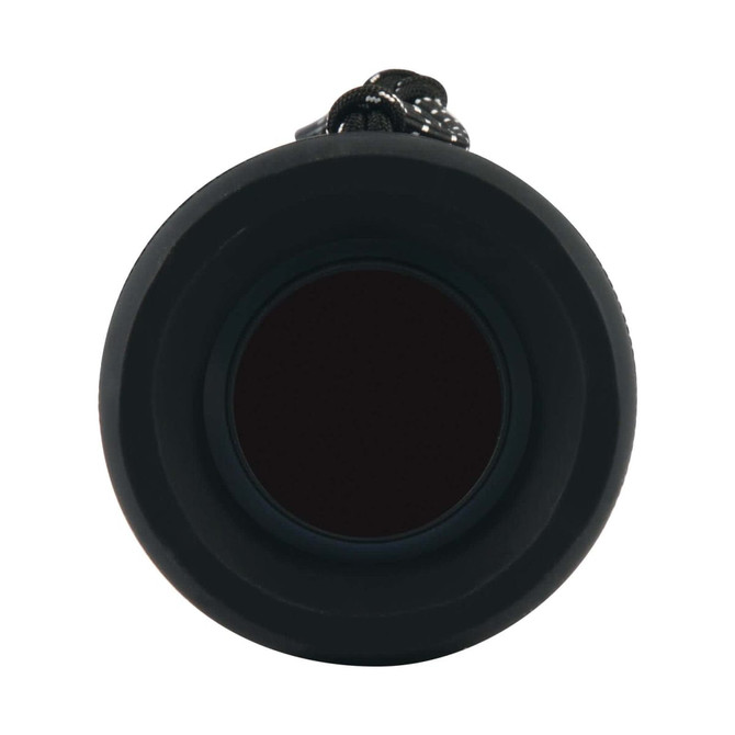 A Bluetooth speaker with a sleek, black design featuring a cylindrical shape and a removable strap for easy carrying.
